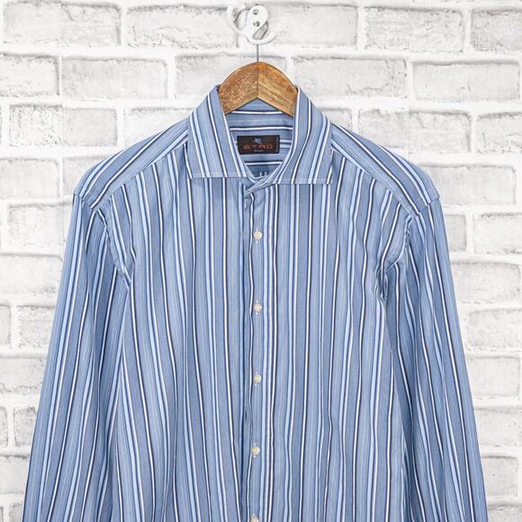 ETRO Milano Button up Dress Shirt in Blue striped cotton size 40 Made in Italy - Picture 9 of 11